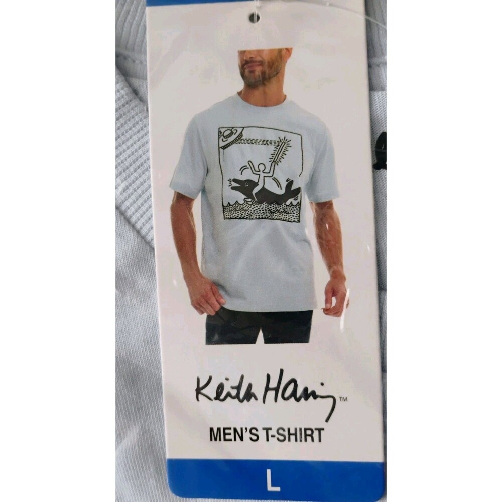 Keith Haring Men's Graphic Tee Blue Man On Dolphin Fighting Alien T-shirt NWT L